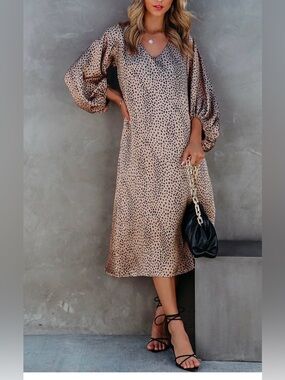 Vici Beige Leopard Print V-Neck Midi Dress